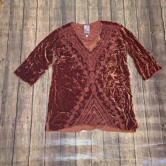 Johnny Was Tops - Johnny Was Tunic Womens S Rust Shobah Velvet 3/4 Sleeve Embroidery Boho